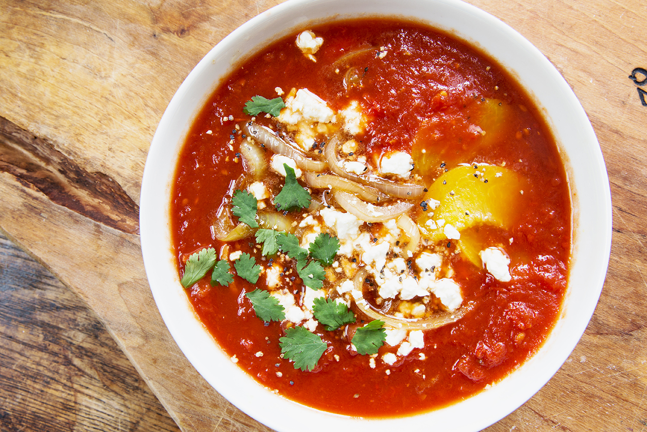 Middle Eastern tomato soup with carrot, nectarine and ginger