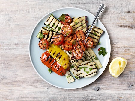 Marinated grilled vegetables with cherry plum vine tomatoes