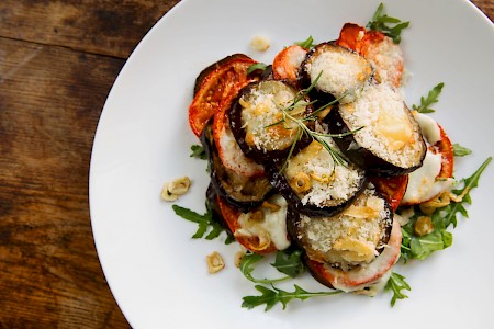 Aubergine and tomato lasagne with a crispy crust